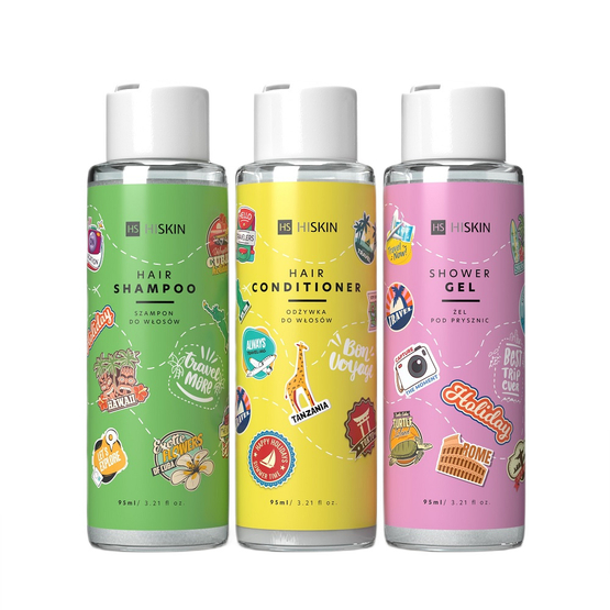 HiSkin Walizka zestaw szampon do włosów 95ml + odżywka do włosów 95ml + żel pod prysznic 95ml